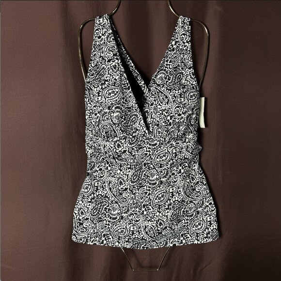 Lands' End Women's XS, XS-L LONG V-Neck Plunge X Back Tankini Top Black/White Pa - Picture 1 of 10